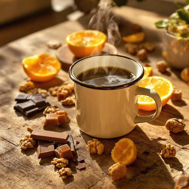 copo de cafe na mesa com chocolate laranja e castanhas
